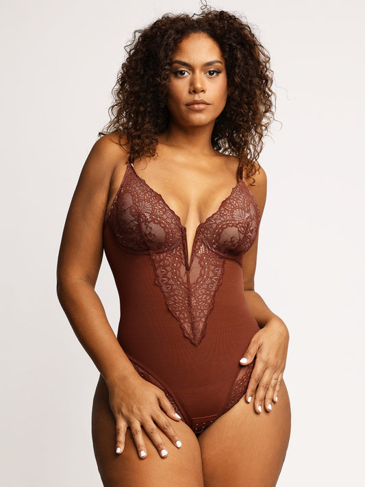 Deep-V Neck Lace Thong Bodysuit