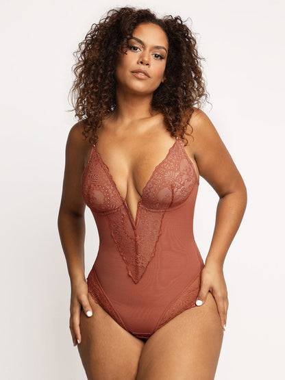 Deep-V Neck Lace Thong Bodysuit