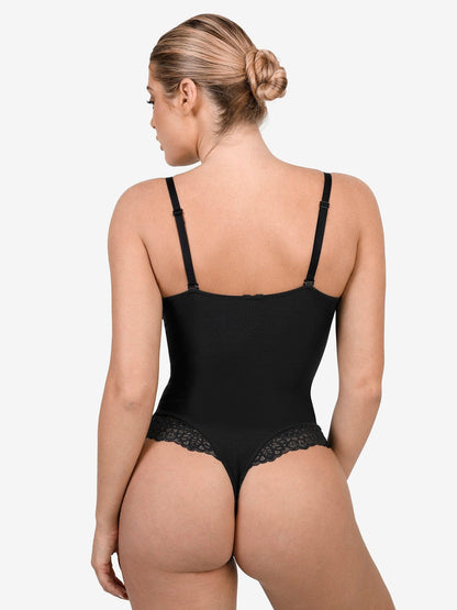 Deep-V Neck Lace Thong Bodysuit