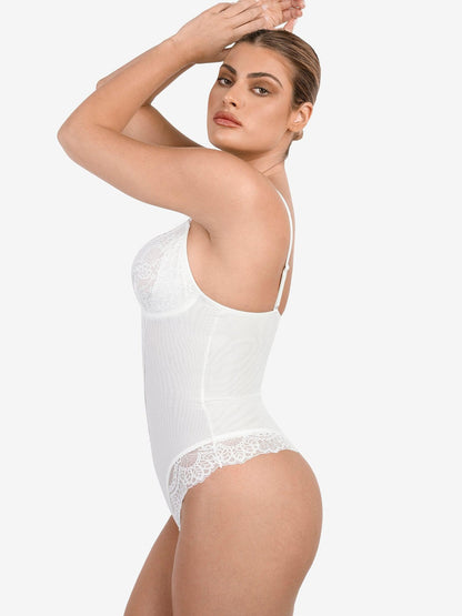 Deep-V Neck Lace Thong Bodysuit