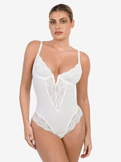 Deep-V Neck Lace Thong Bodysuit