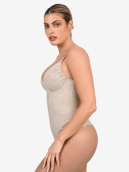 Deep-V Neck Lace Thong Bodysuit