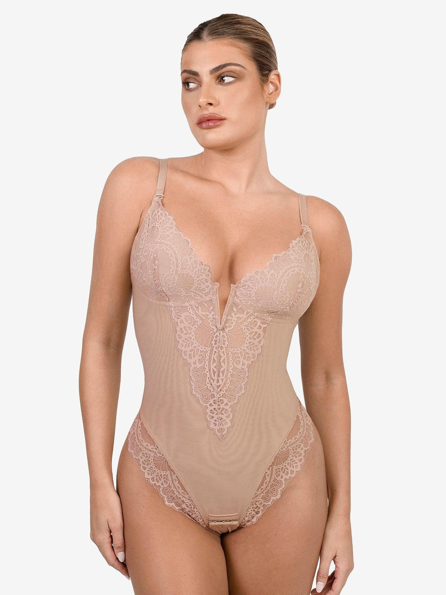 Deep-V Neck Lace Thong Bodysuit