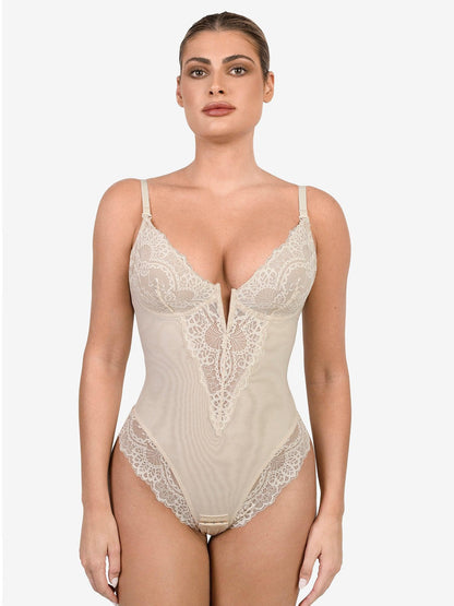 Deep-V Neck Lace Thong Bodysuit