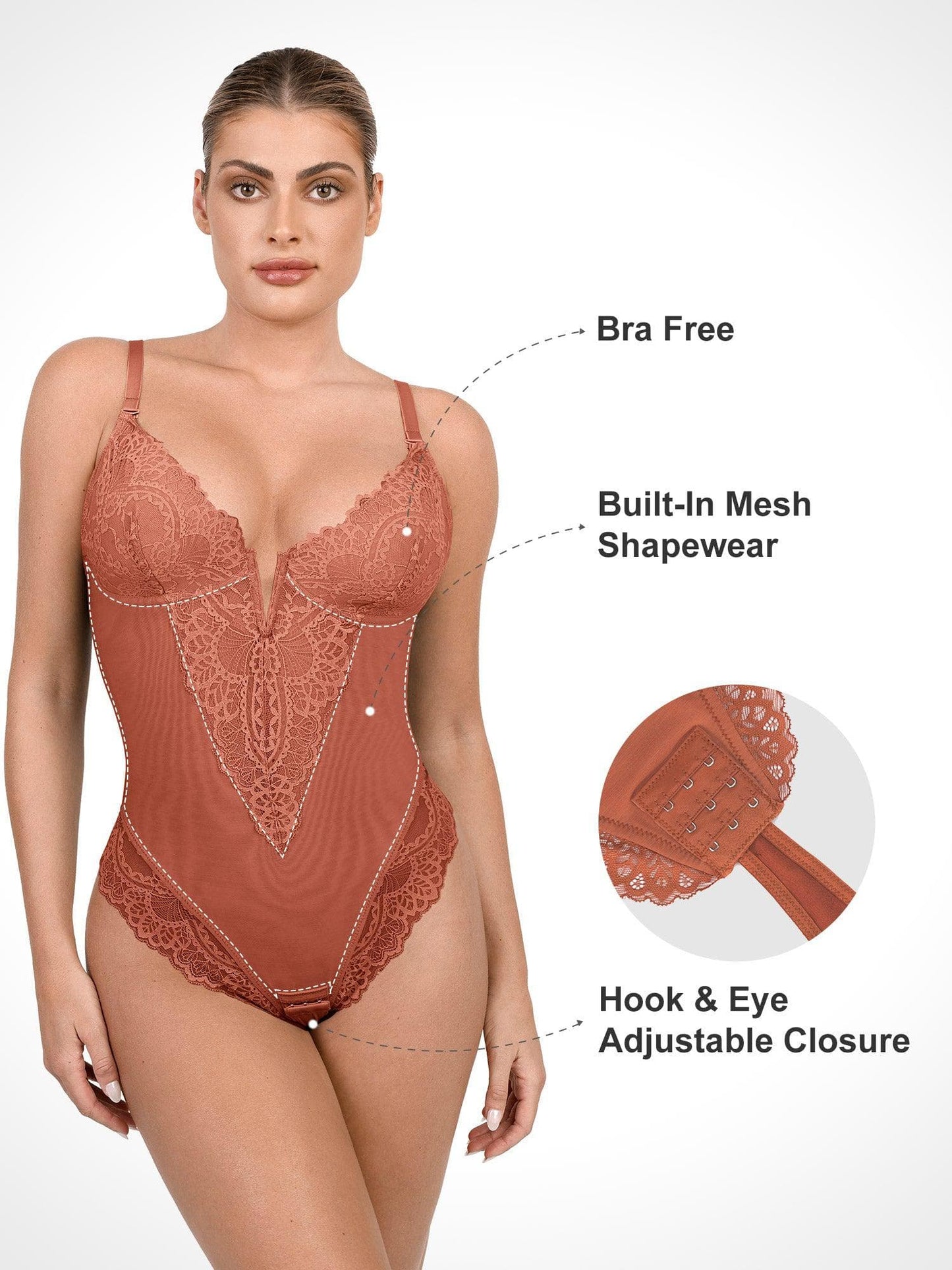 Deep-V Neck Lace Thong Bodysuit