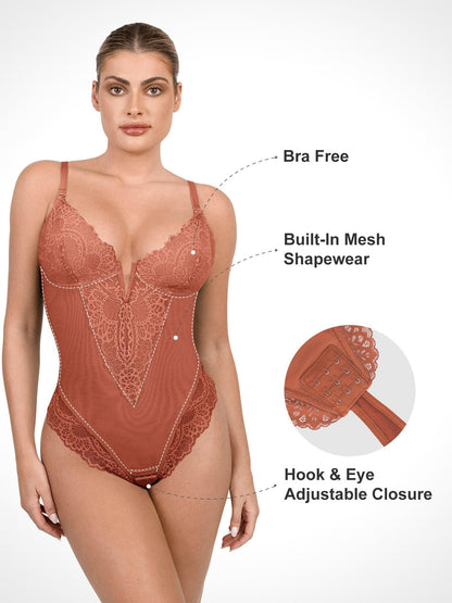 Deep-V Neck Lace Thong Bodysuit