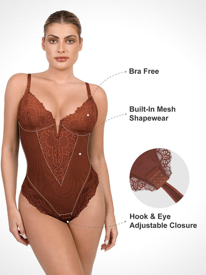 Deep-V Neck Lace Thong Bodysuit