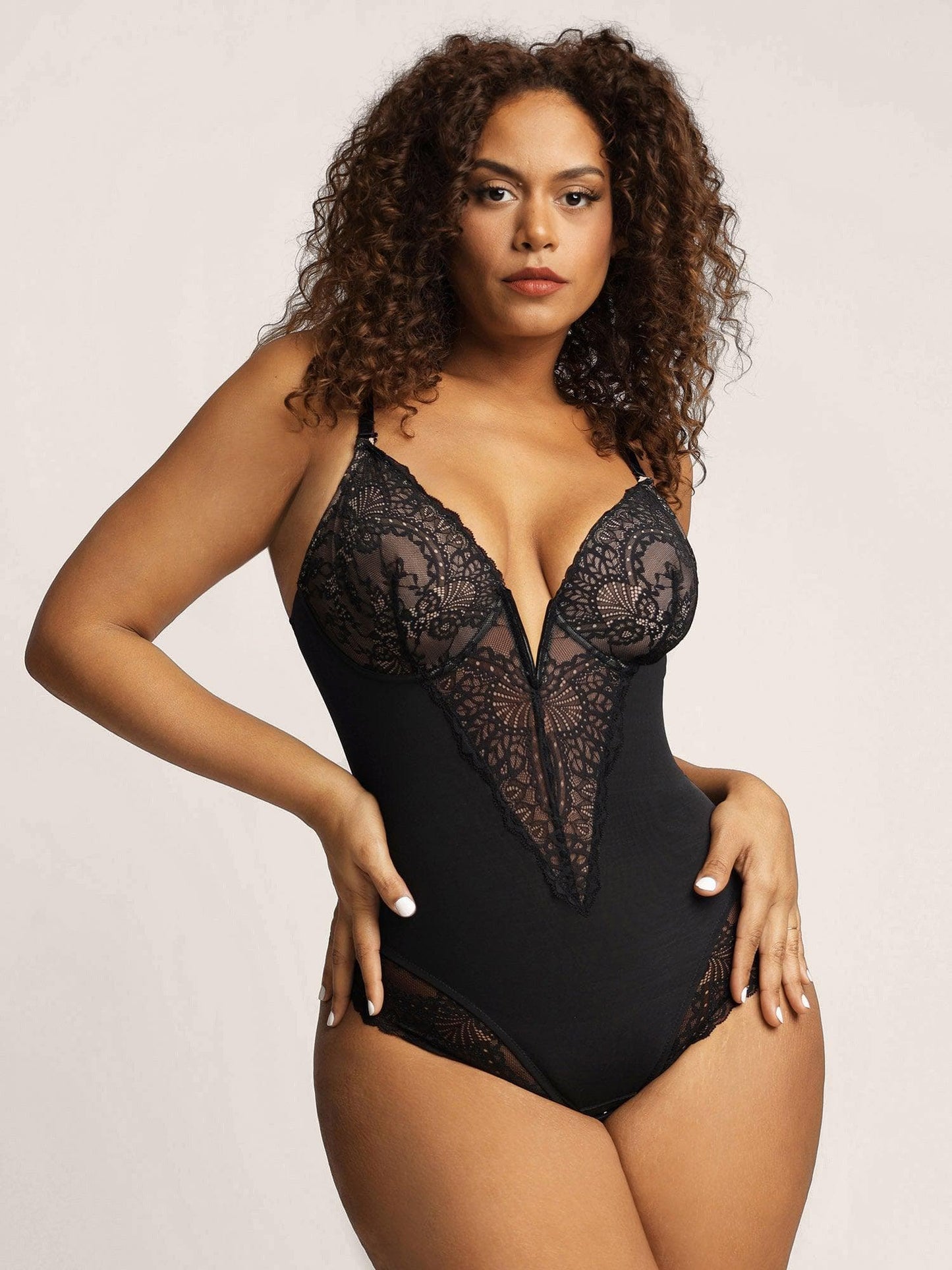 Deep-V Neck Lace Thong Bodysuit