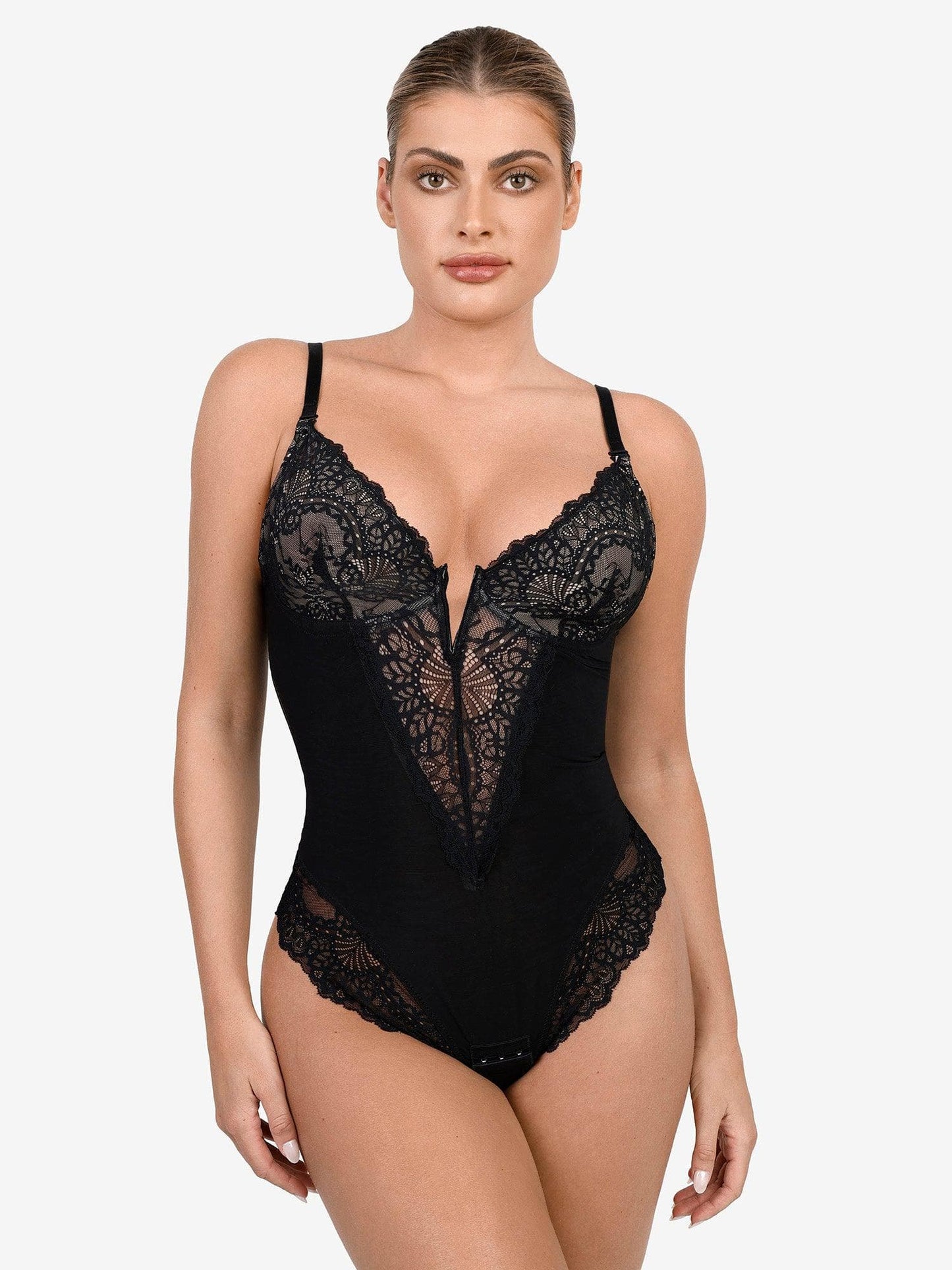 Deep-V Neck Lace Thong Bodysuit